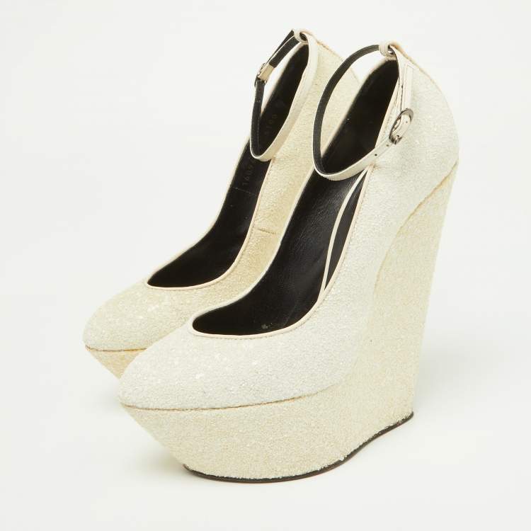 Pre Owned Giuseppe Zanotti Off White Coarse Glitter Platform Wedge Ankle Strap Pumps Size 38