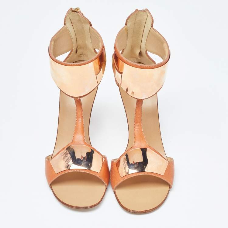 Pre Owned Giuseppe Zanotti Tan Leather Metal Detail T Strap Sandals Size 37