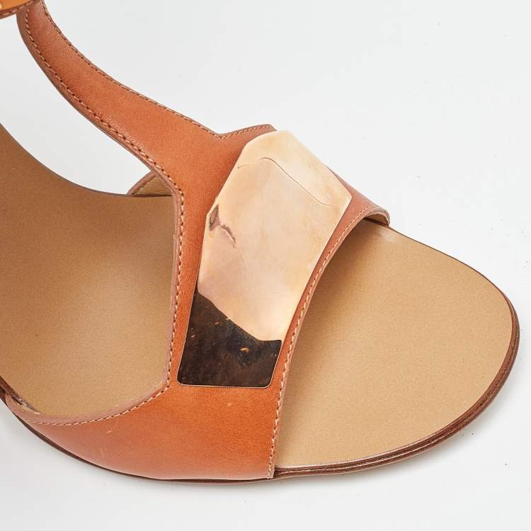 Pre Owned Giuseppe Zanotti Tan Leather Metal Detail T Strap Sandals Size 37
