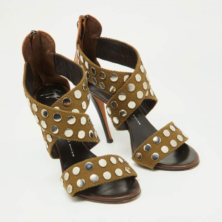 Pre Owned Giuseppe Zanotti Olive Green/Brown Canvas and Leather Studded Strappy Sandals Size 40.5