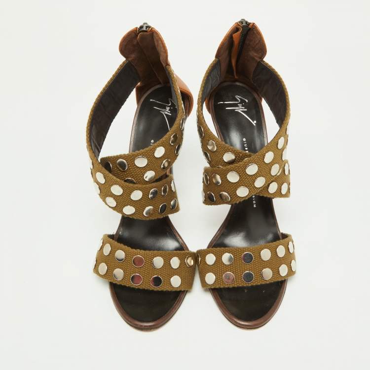 Pre Owned Giuseppe Zanotti Olive Green/Brown Canvas and Leather Studded Strappy Sandals Size 40.5