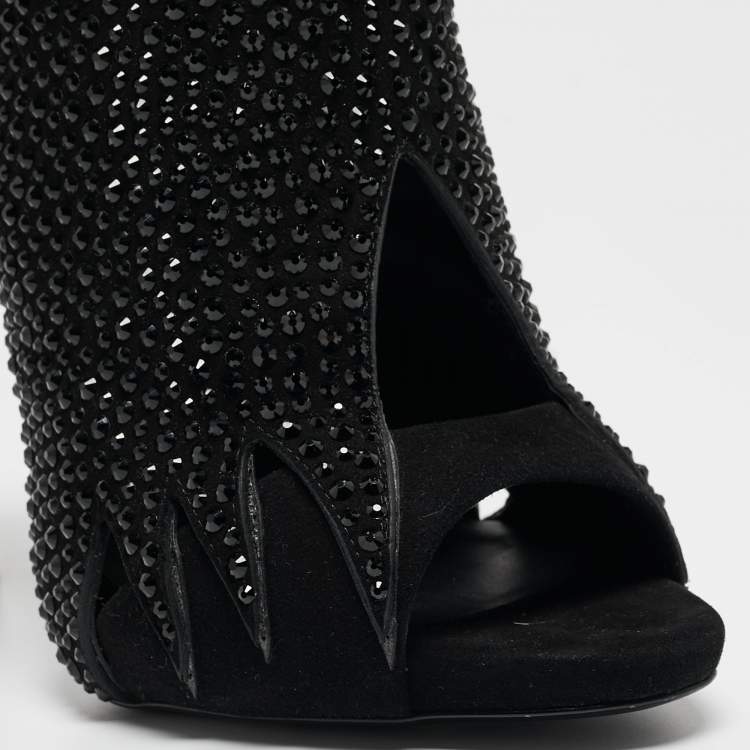 Pre Owned Giuseppe Zanotti Black Crystal Embellished Suede Open Toe Mules Size 38