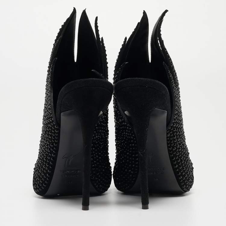 Pre Owned Giuseppe Zanotti Black Crystal Embellished Suede Open Toe Mules Size 38