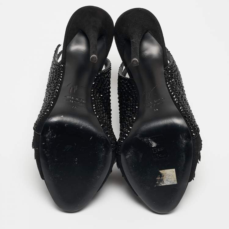Pre Owned Giuseppe Zanotti Black Crystal Embellished Suede Open Toe Mules Size 38