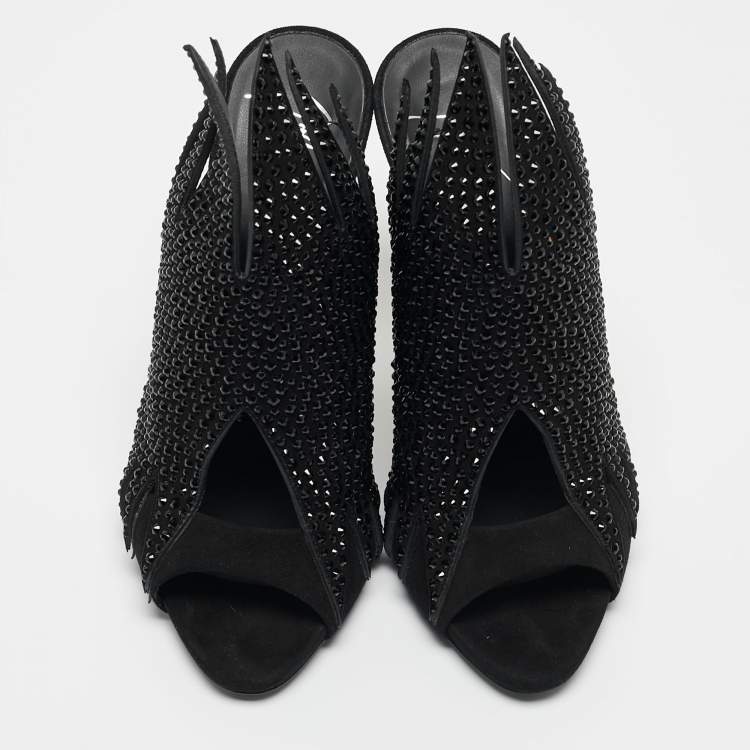Pre Owned Giuseppe Zanotti Black Crystal Embellished Suede Open Toe Mules Size 38