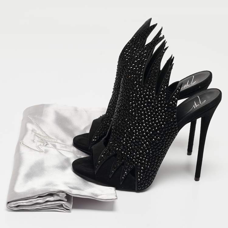 Pre Owned Giuseppe Zanotti Black Crystal Embellished Suede Open Toe Mules Size 38