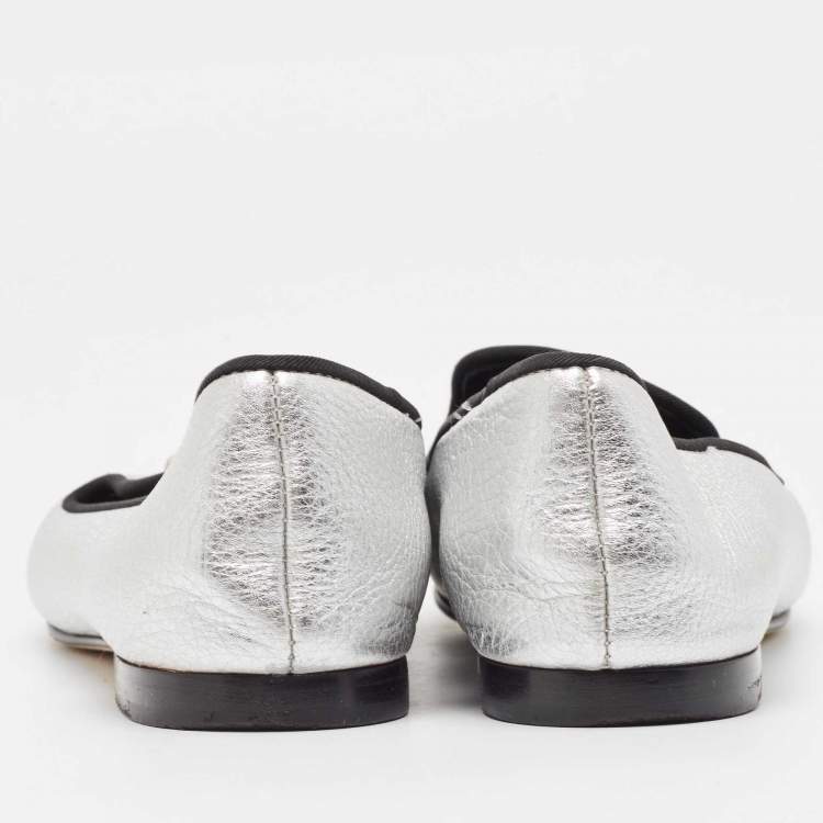 Pre Owned Giuseppe Zanotti Silver Leather Crystal Embellished Smoking Slippers Size 39 