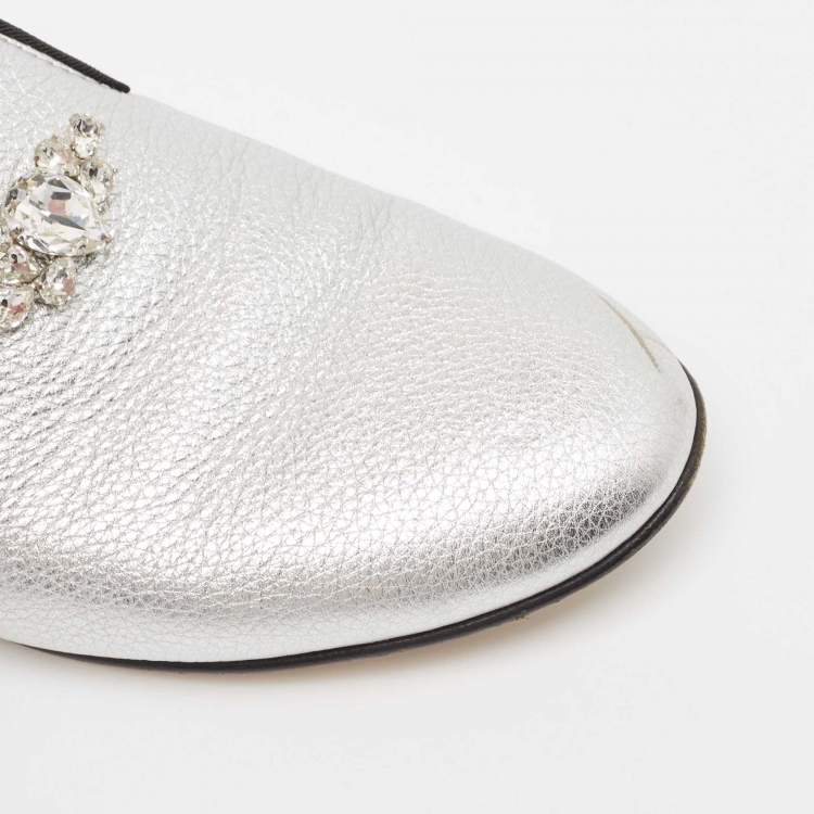 Pre Owned Giuseppe Zanotti Silver Leather Crystal Embellished Smoking Slippers Size 39 