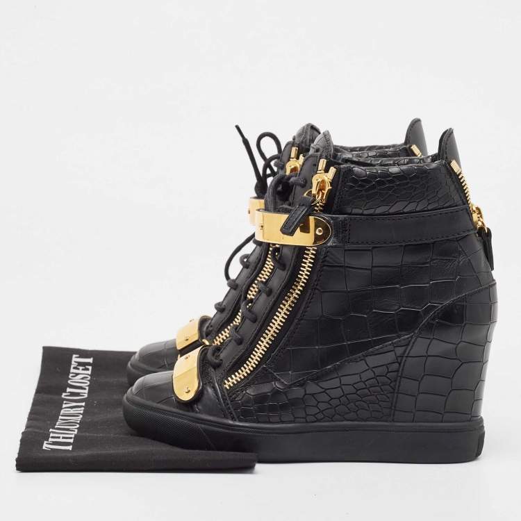 Pre Owned Giuseppe Zanotti Black Croc Embossed Leather Sneakers Size 38.5