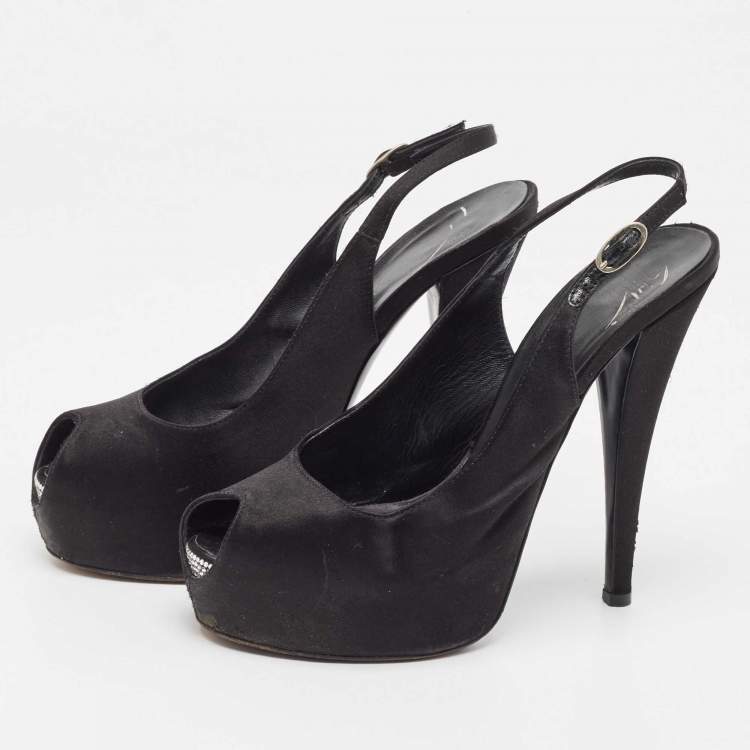 Pre Owned Giuseppe Zanotti Black Satin Platform Peep Toe Slingback Pumps Size 39