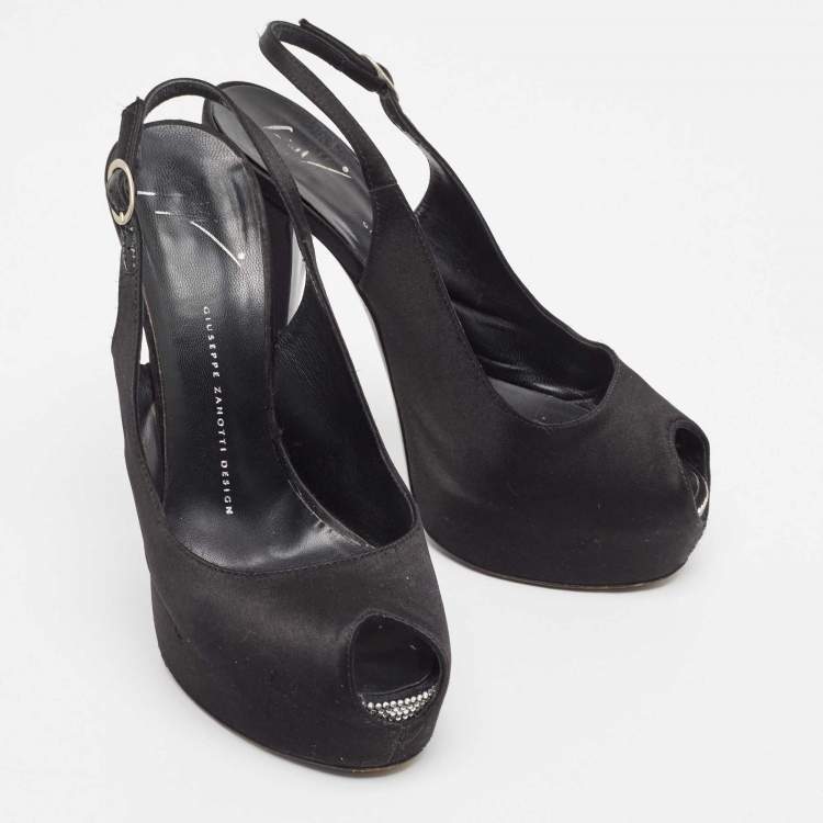Pre Owned Giuseppe Zanotti Black Satin Platform Peep Toe Slingback Pumps Size 39