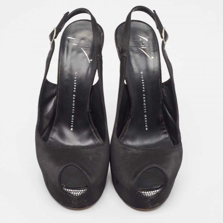 Pre Owned Giuseppe Zanotti Black Satin Platform Peep Toe Slingback Pumps Size 39