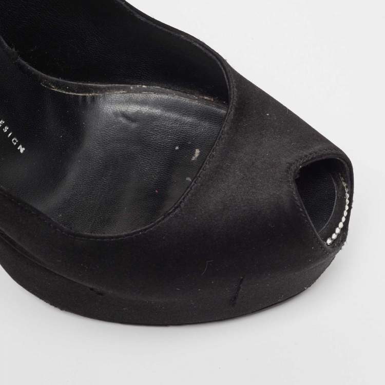 Pre Owned Giuseppe Zanotti Black Satin Platform Peep Toe Slingback Pumps Size 39