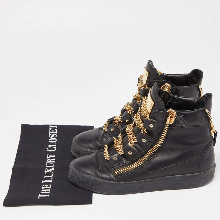 Pre Owned Giuseppe Zanotti Black Leather London Birel Chain Embellished High Top Sneakers Size 38