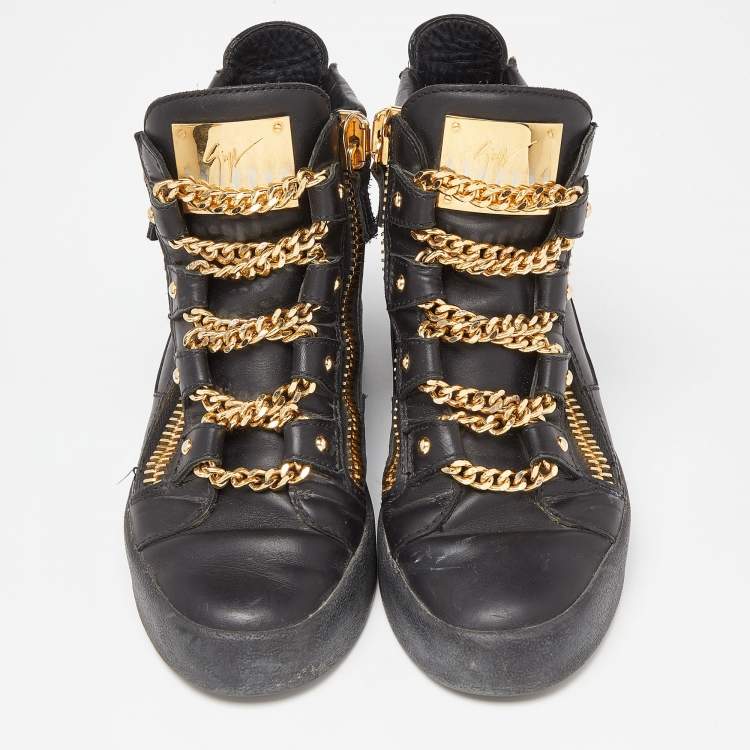 Pre Owned Giuseppe Zanotti Black Leather London Birel Chain Embellished High Top Sneakers Size 38