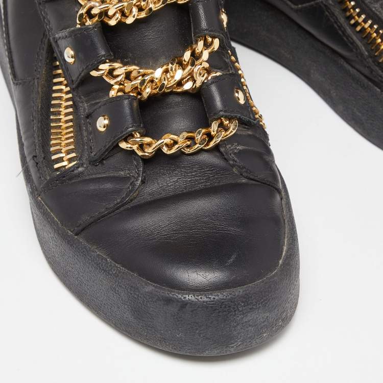 Pre Owned Giuseppe Zanotti Black Leather London Birel Chain Embellished High Top Sneakers Size 38