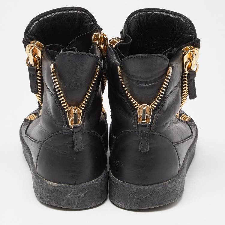 Pre Owned Giuseppe Zanotti Black Leather London Birel Chain Embellished High Top Sneakers Size 38