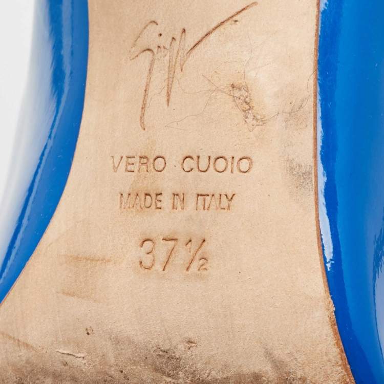 Pre Owned Giuseppe Zanotti Blue Patent Leather Pointed Toe Pumps Size 37.5