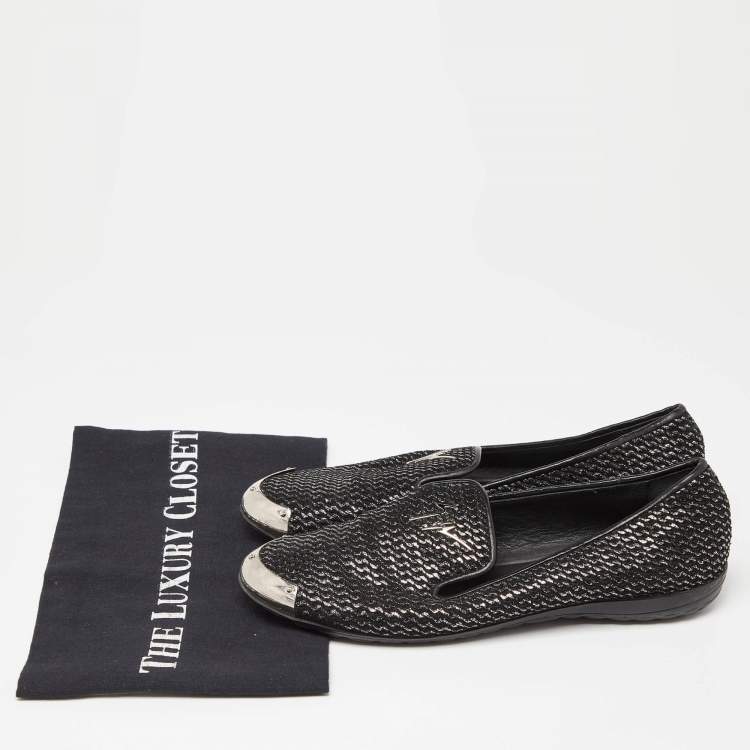 Pre Owned Giuseppe Zanotti Black Glitter Leather Slip On Smoking Slippers Size 37.5