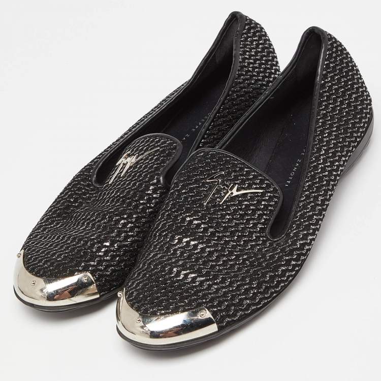 Pre Owned Giuseppe Zanotti Black Glitter Leather Slip On Smoking Slippers Size 37.5