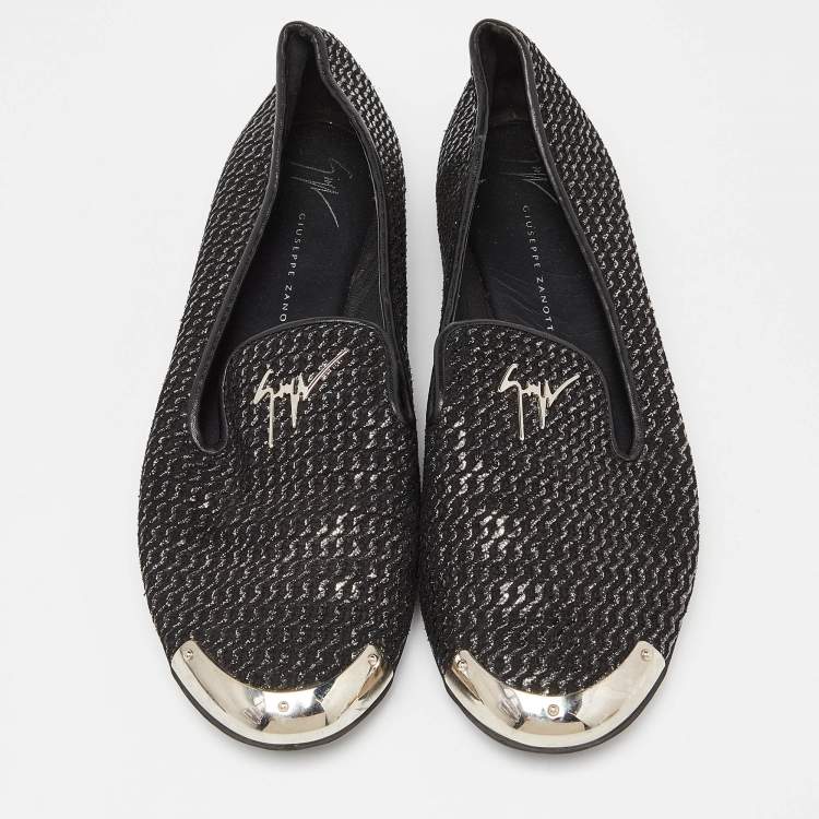Pre Owned Giuseppe Zanotti Black Glitter Leather Slip On Smoking Slippers Size 37.5
