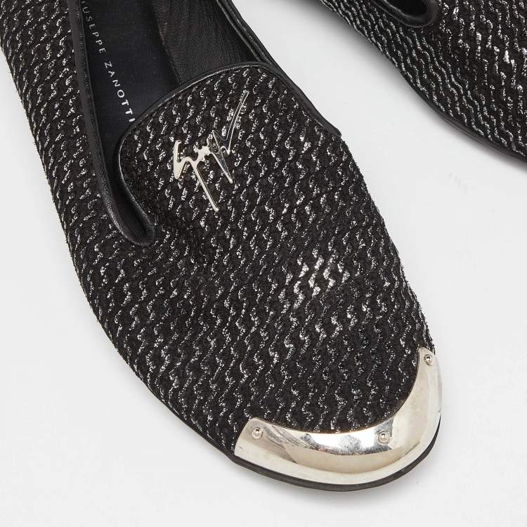 Pre Owned Giuseppe Zanotti Black Glitter Leather Slip On Smoking Slippers Size 37.5