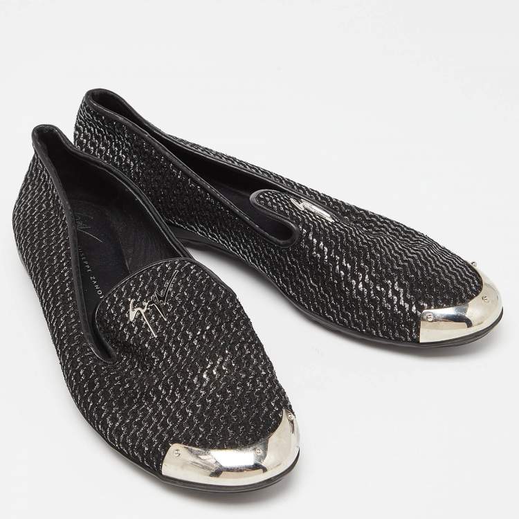 Pre Owned Giuseppe Zanotti Black Glitter Leather Slip On Smoking Slippers Size 37.5
