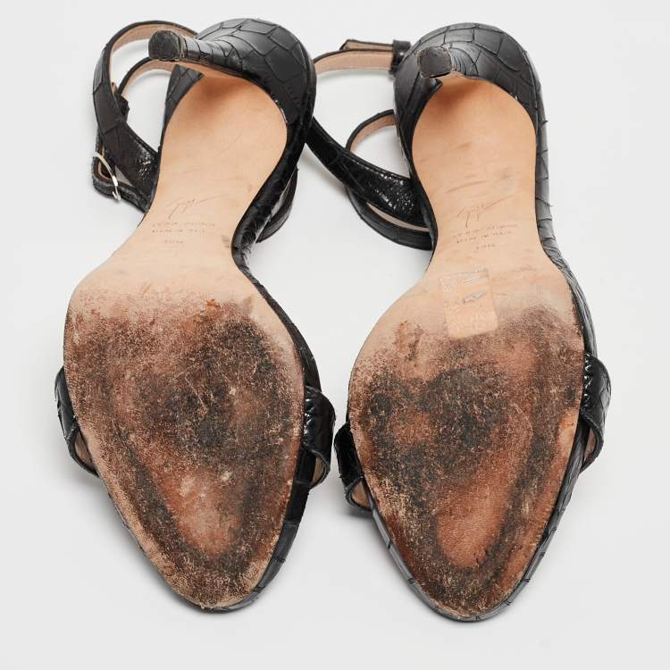 Pre Owned Giuseppe Zanotti Black Croc Embossed Leather Ankle Strap Sandals Size 38.5