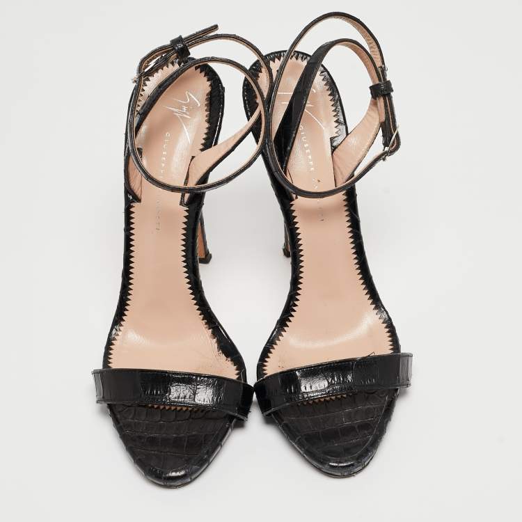 Pre Owned Giuseppe Zanotti Black Croc Embossed Leather Ankle Strap Sandals Size 38.5