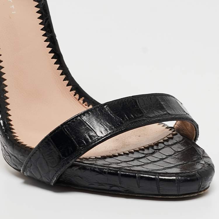 Pre Owned Giuseppe Zanotti Black Croc Embossed Leather Ankle Strap Sandals Size 38.5
