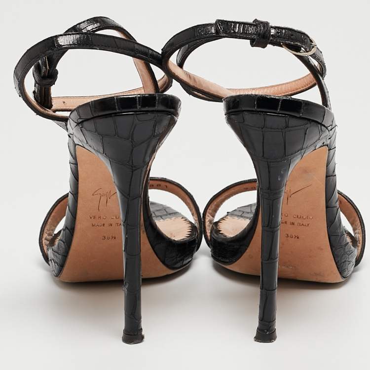 Pre Owned Giuseppe Zanotti Black Croc Embossed Leather Ankle Strap Sandals Size 38.5