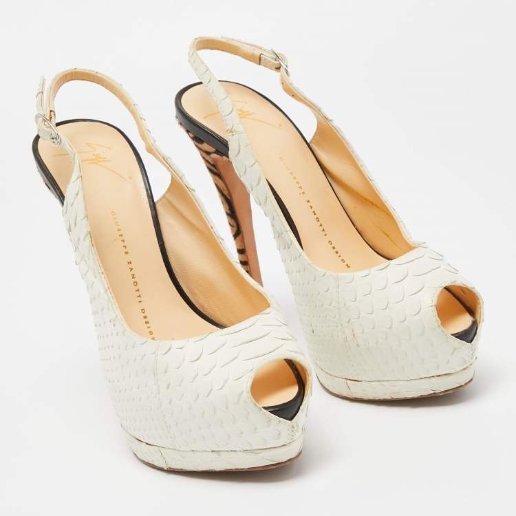Pre Owned Giuseppe Zanotti White Python Peep Toe Platform Slingback Pumps Size 37