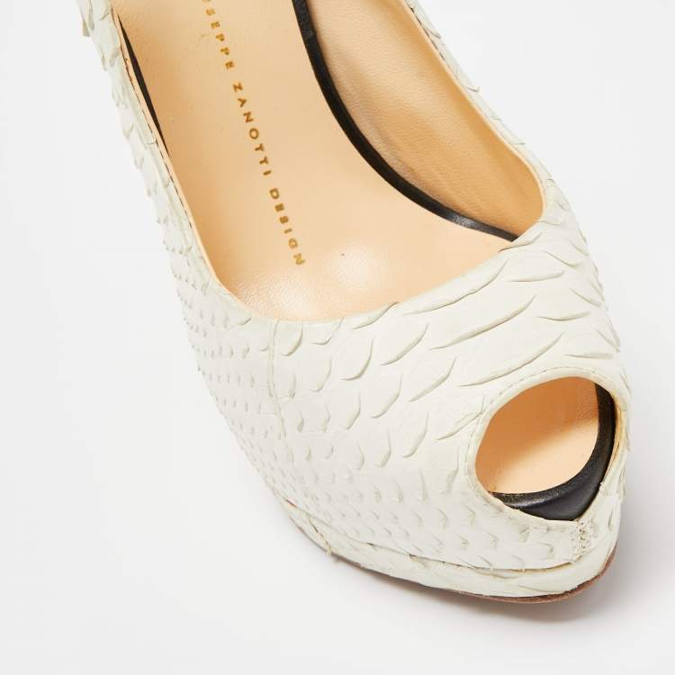 Pre Owned Giuseppe Zanotti White Python Peep Toe Platform Slingback Pumps Size 37