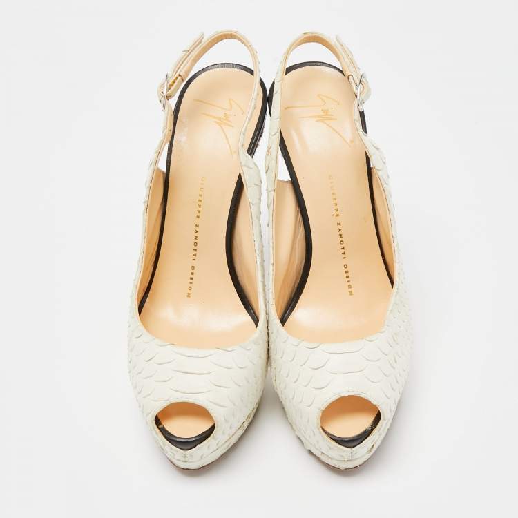 Pre Owned Giuseppe Zanotti White Python Peep Toe Platform Slingback Pumps Size 37