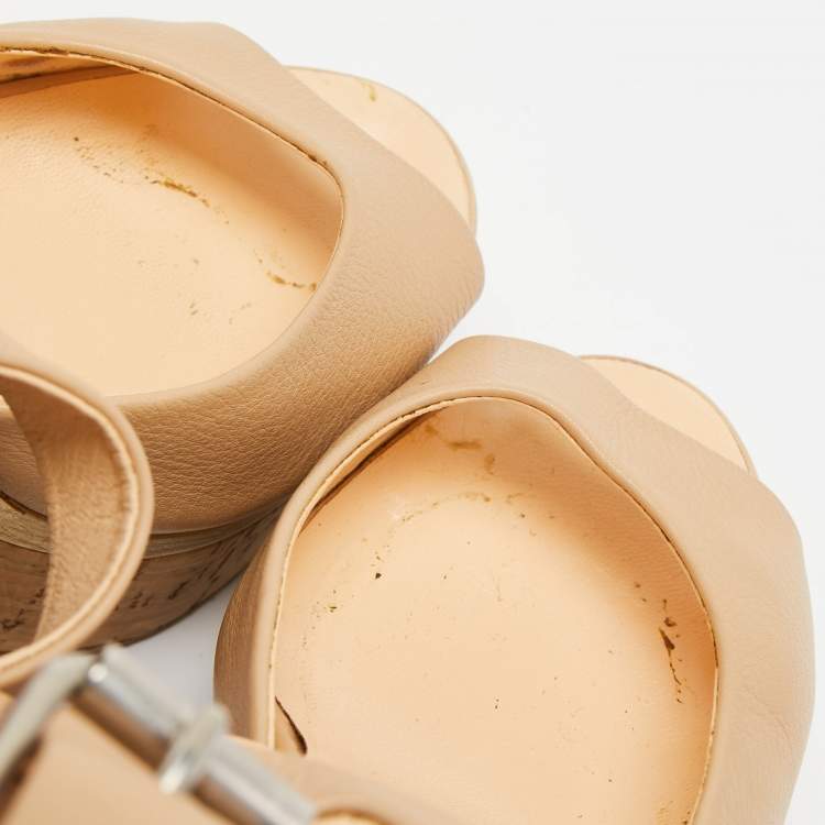 Pre Owned Giuseppe Zanotti Beige Leather Cork Wedge Platform Ankle Strap Sandals Size 37