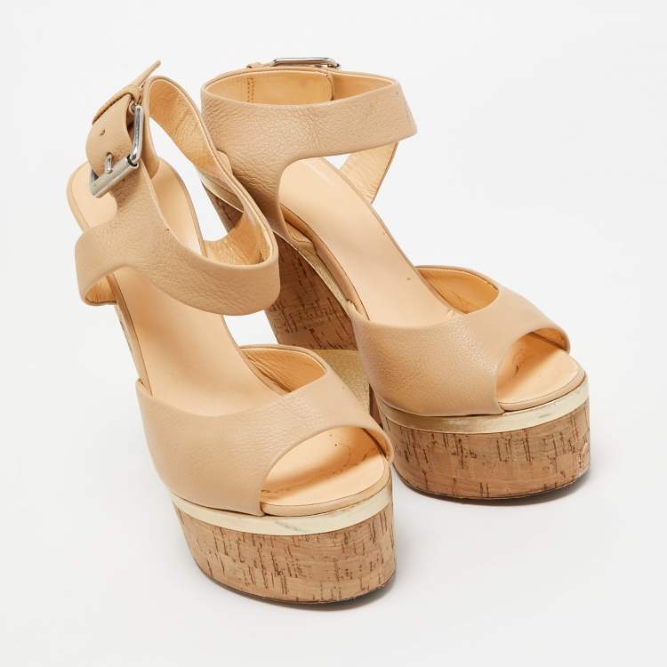 Pre Owned Giuseppe Zanotti Beige Leather Cork Wedge Platform Ankle Strap Sandals Size 37