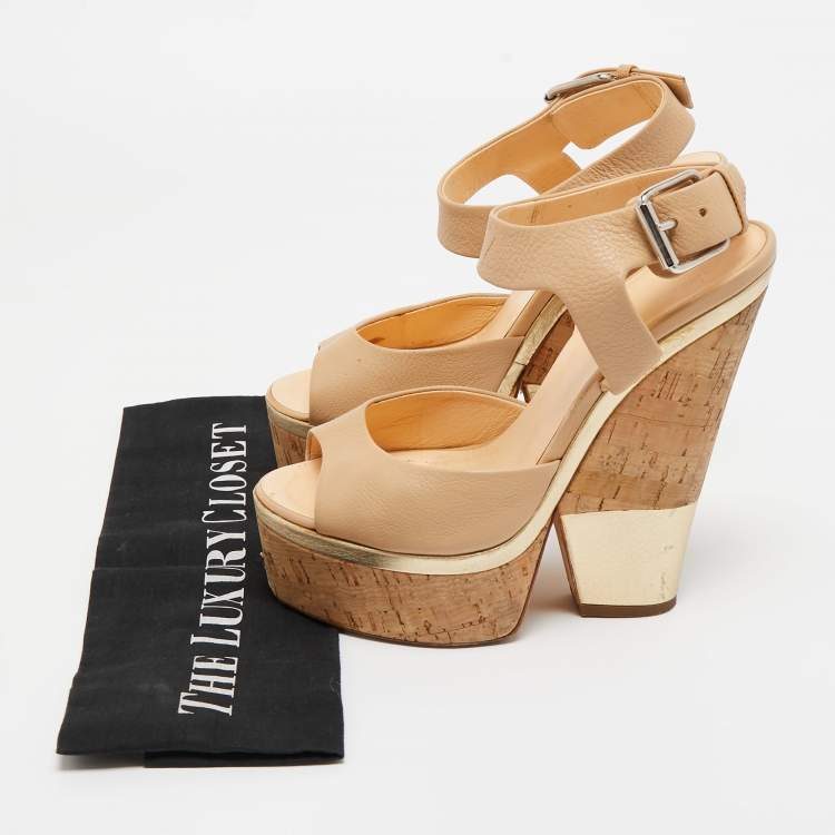 Pre Owned Giuseppe Zanotti Beige Leather Cork Wedge Platform Ankle Strap Sandals Size 37