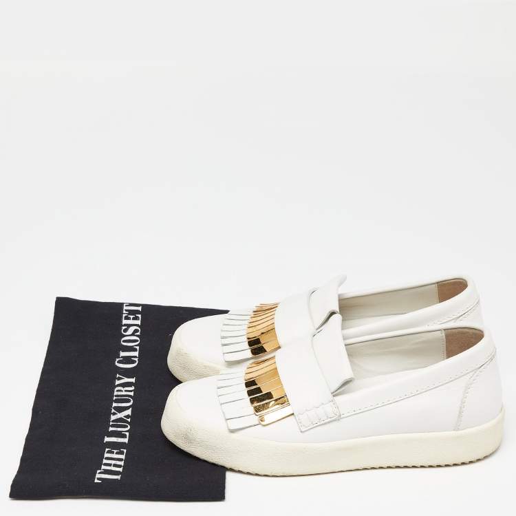 Pre Owned Giuseppe Zanotti White Leather Fringed Slip On Sneakers Size 37.5
