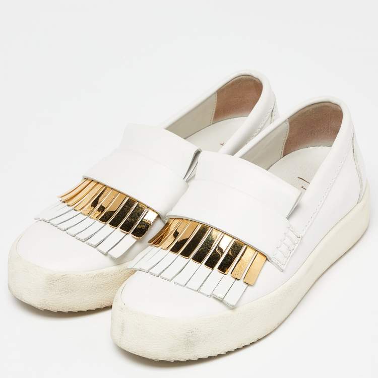 Pre Owned Giuseppe Zanotti White Leather Fringed Slip On Sneakers Size 37.5