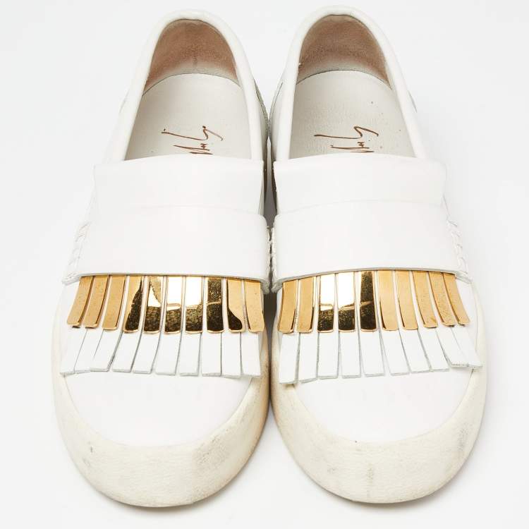 Pre Owned Giuseppe Zanotti White Leather Fringed Slip On Sneakers Size 37.5