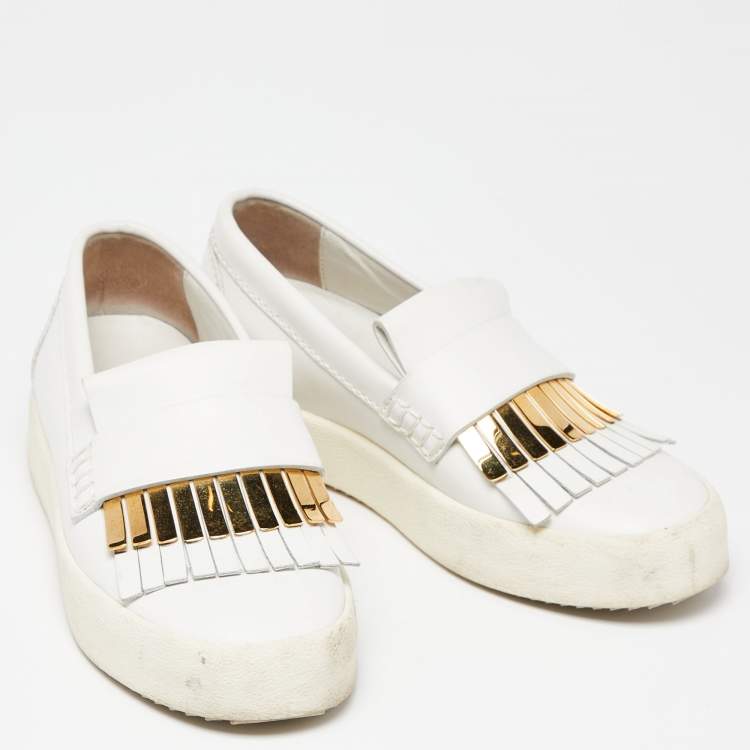 Pre Owned Giuseppe Zanotti White Leather Fringed Slip On Sneakers Size 37.5