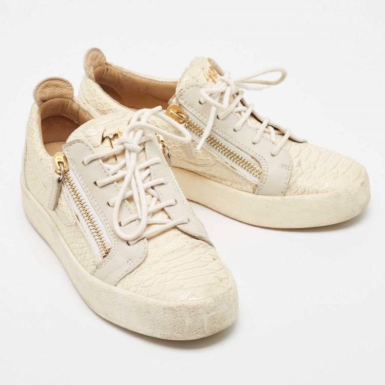 Pre Owned Giuseppe Zanotti Cream/Grey Embossed Python and Leather Frankie Sneakers Size 38.5