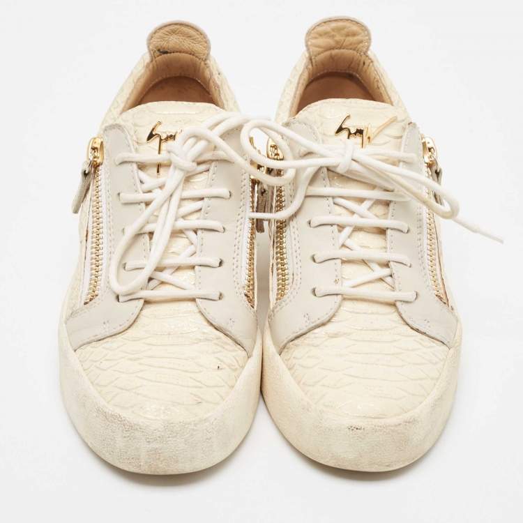 Pre Owned Giuseppe Zanotti Cream/Grey Embossed Python and Leather Frankie Sneakers Size 38.5