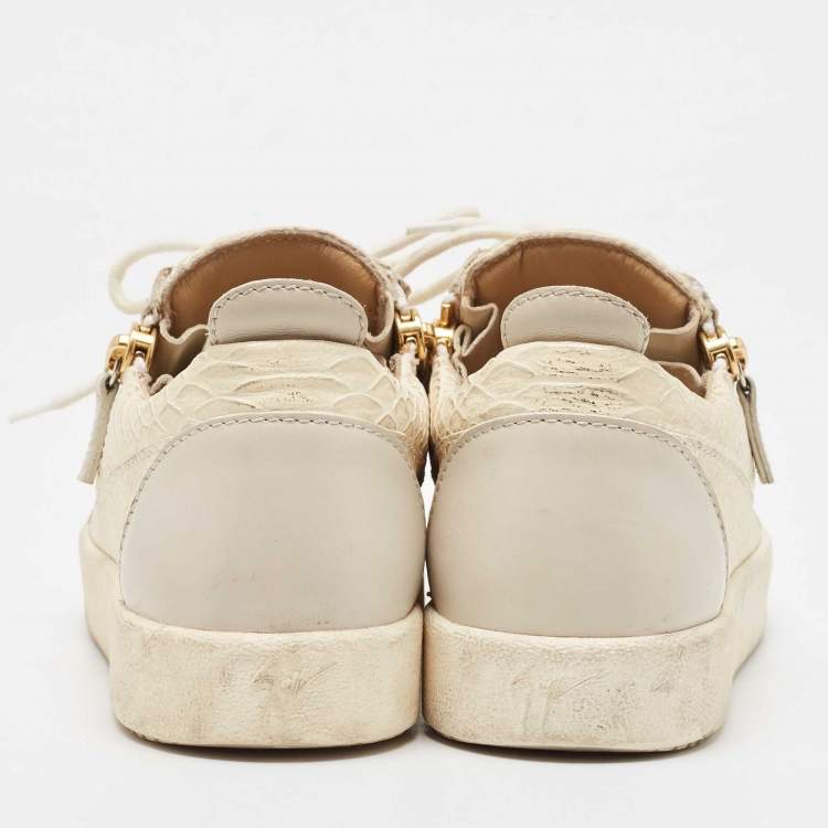 Pre Owned Giuseppe Zanotti Cream/Grey Embossed Python and Leather Frankie Sneakers Size 38.5