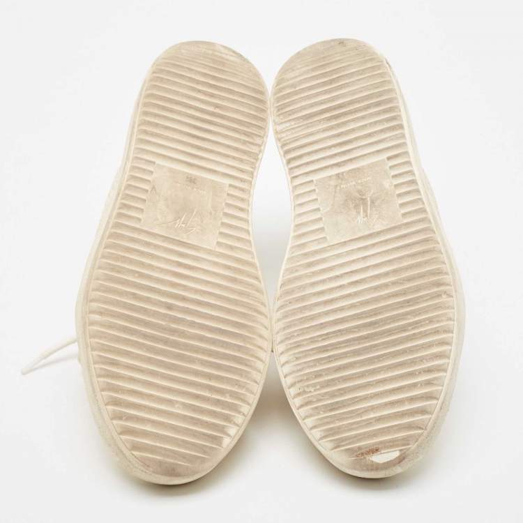 Pre Owned Giuseppe Zanotti Cream/Grey Embossed Python and Leather Frankie Sneakers Size 38.5