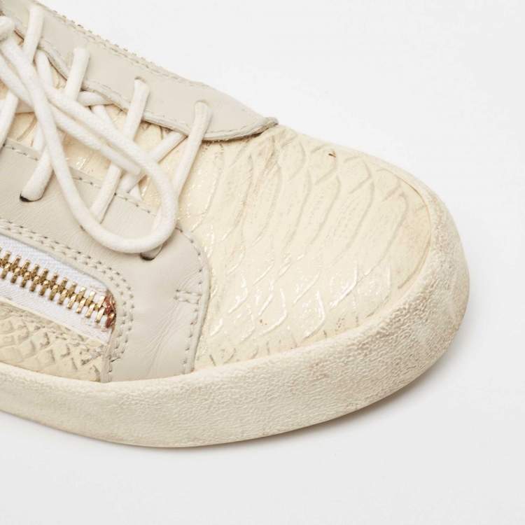 Pre Owned Giuseppe Zanotti Cream/Grey Embossed Python and Leather Frankie Sneakers Size 38.5