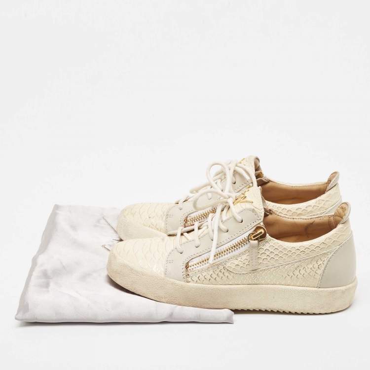 Pre Owned Giuseppe Zanotti Cream/Grey Embossed Python and Leather Frankie Sneakers Size 38.5