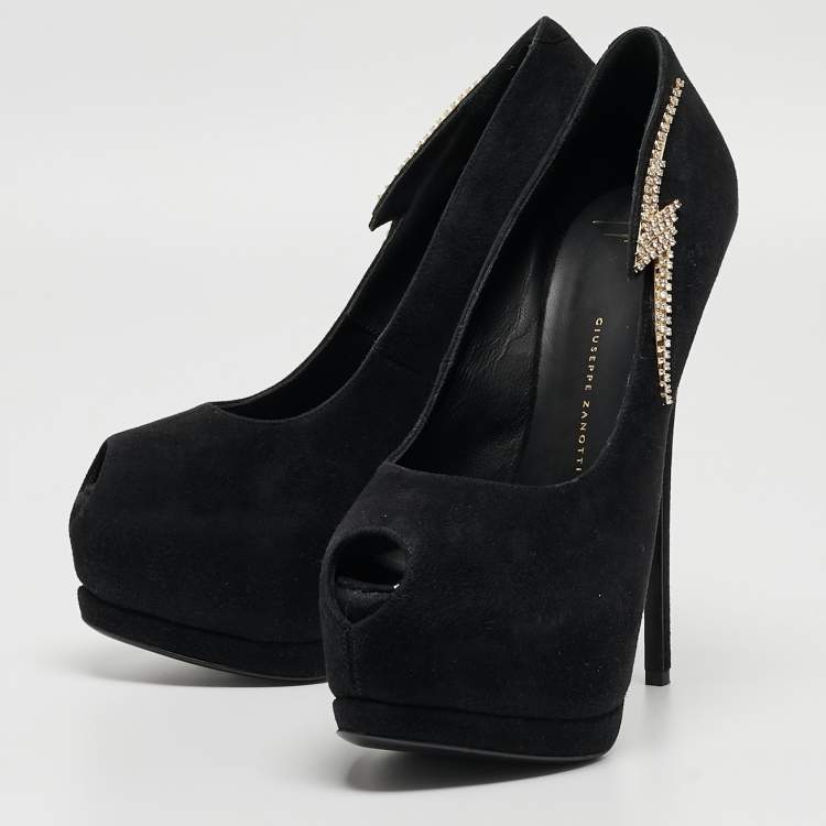 Pre Owned Giuseppe Zanotti Black Suede Crystal Embellished Peep Toe Pumps Size 37.5
