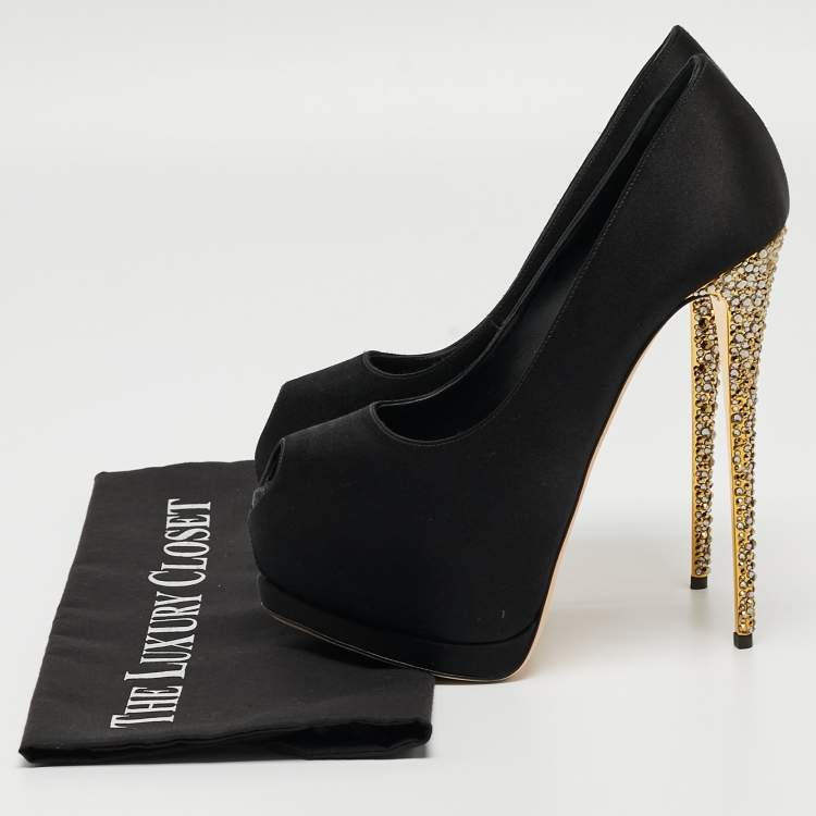 Pre Owned Giuseppe Zanotti Black Satin Platform Peep Toe Pumps Size 37 