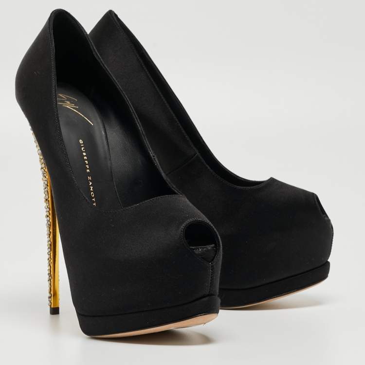 Pre Owned Giuseppe Zanotti Black Satin Platform Peep Toe Pumps Size 37 
